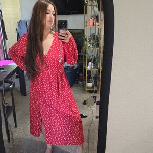 Divided Red Floral Long Sleeve Dress